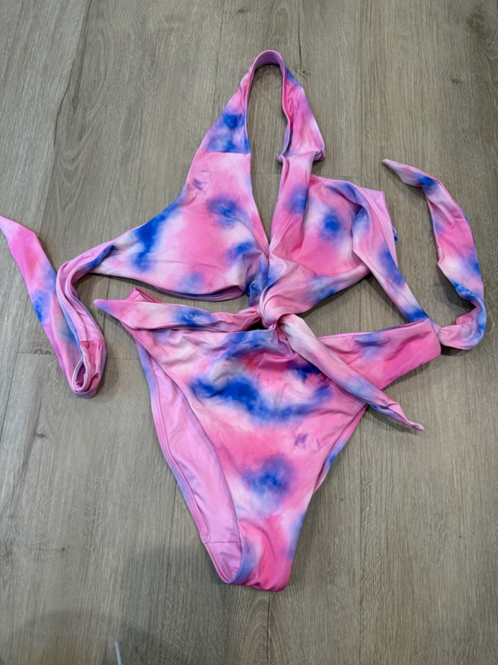 Tie-Dye Halter One-Piece Swimsuit in Pink and Blue
